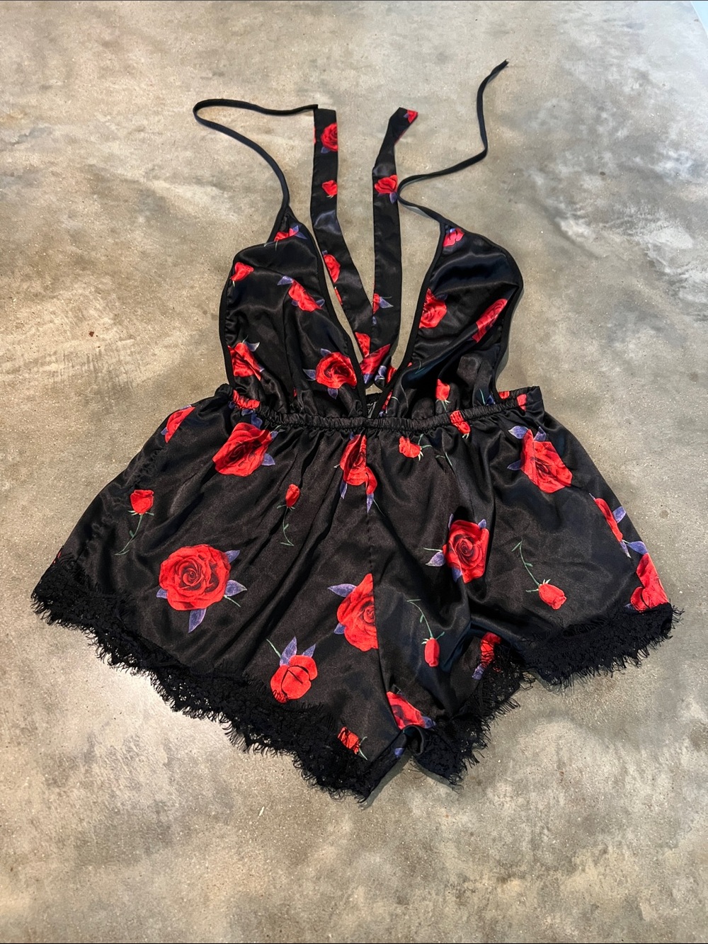 Black Floral Lace-Trim Satin Romper - Red Rose Print